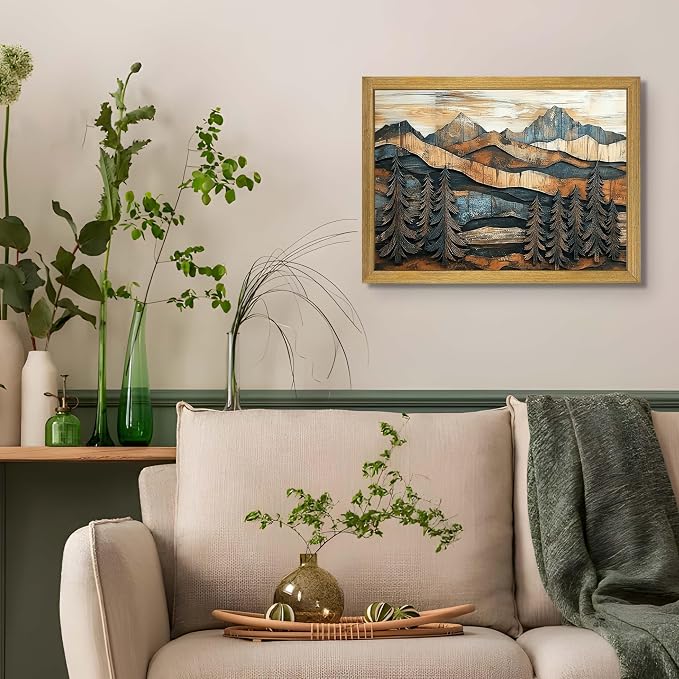 Vintage Boho Mountain Wall Art, Framed Landscape Canvas Wall Art, Nature Forest - Image 2