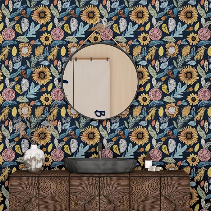 Blue Boho Wallpaper Peel and Stick, Vintage Floral Contact Paper 17.5" x 118" - Image 5