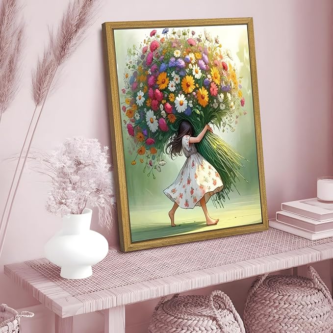 Wood Framed Pink Wildflower Canvas Wall Art, Girl Hugging Flowers Poster Prints - Image 4