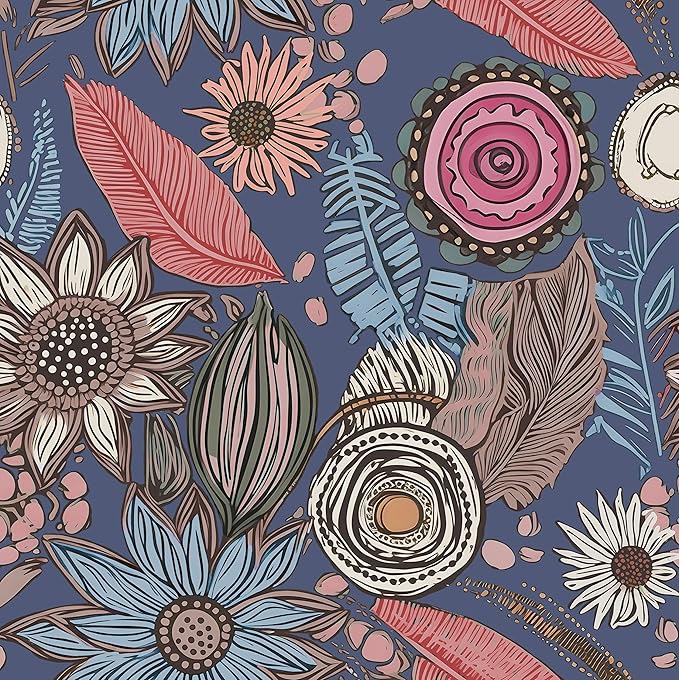 Blue Pink Wallpaper Peel and Stick, Vintage Boho Floral Contact Paper 17.5" x by Laatse