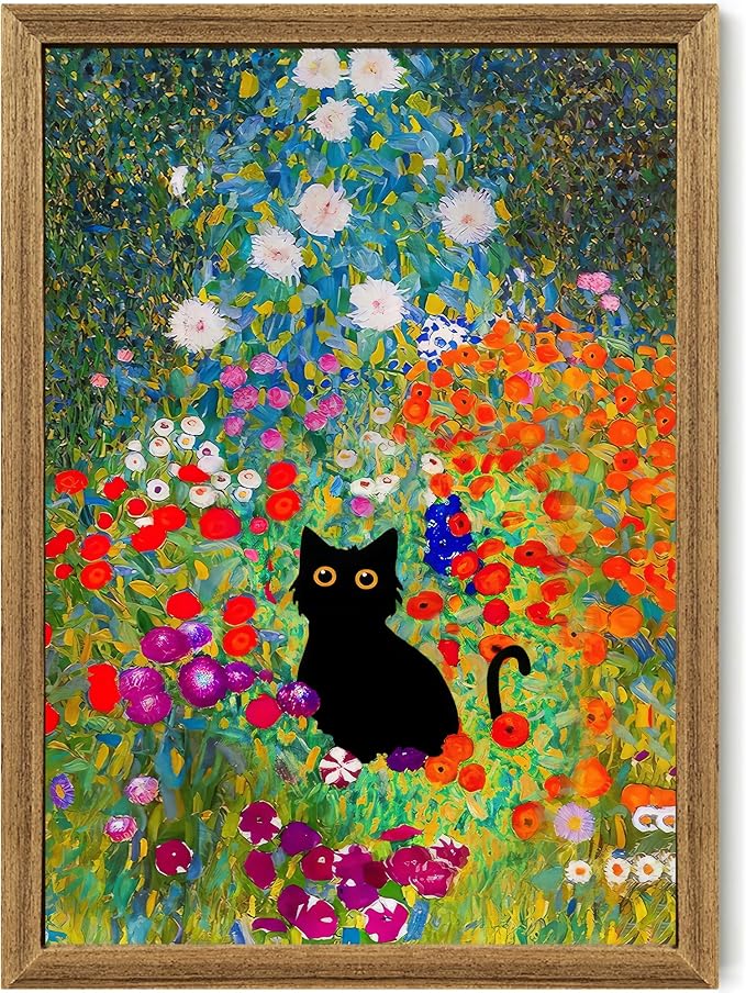 Fantasy Artists Gustav Klimt Canvas Wall Art, Framed Aesthetic Cat Floral Wall by Unknown