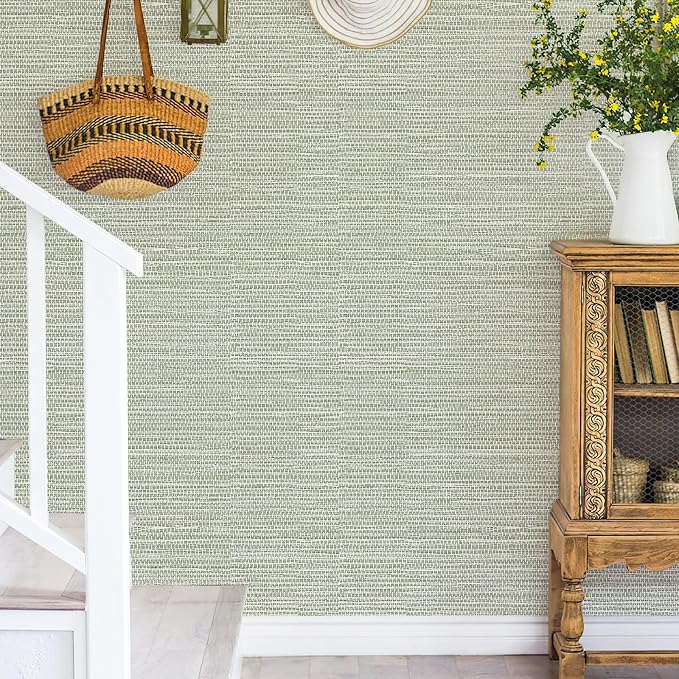 HueBurst Green Grasscloth Peel and Stick Wallpaper 17.3" x 394" Renter Friendly - Image 3