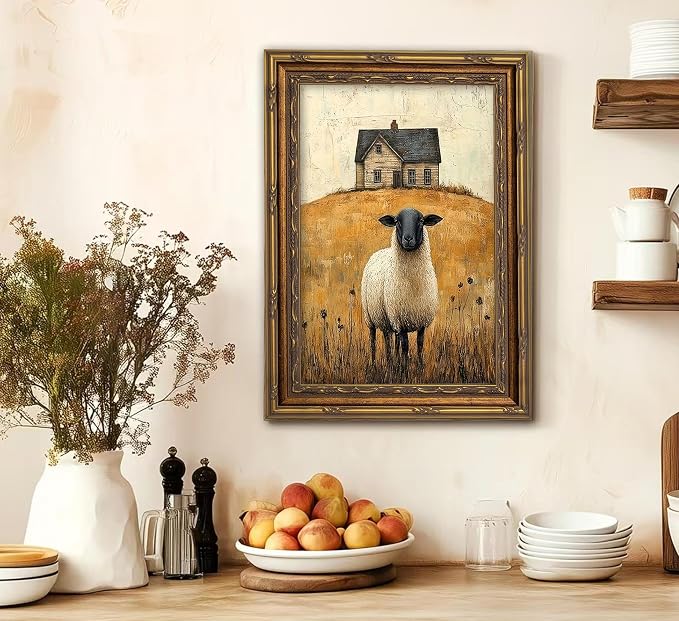 Vintage Gold Framed Wall Art Retro Country Sheep Oil Painting Canvas Prints - Image 8