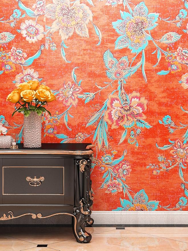 FunStick 17.5"x118" Vintage Floral Peel and Stick Wallpaper Orange Red Wall by FunStick