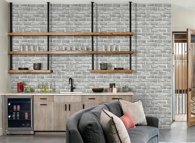 Guvana 17.3" x 394" Grey Brick Wallpaper Peel and Stick 3D Brick Contact Paper - Image 3