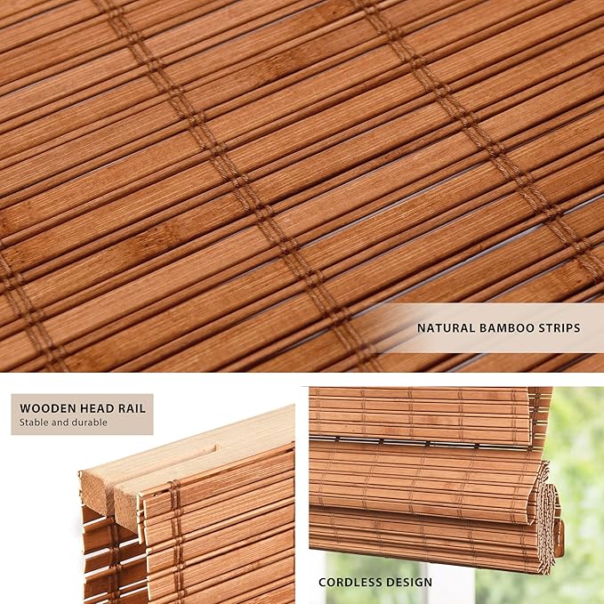 LazBlinds No Tools No Drill Cordless Bamboo Roman Shades, Custom Light - Image 2