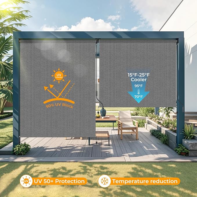 HOMEDEMO Outdoor Roller Shades for Patio, Sun Roller Shade Cloth Roll Blinds - Image 2