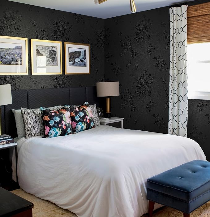 Erfoni Black Peel and Stick Wallpaper Black Floral Embossed Contact Paper - Image 4