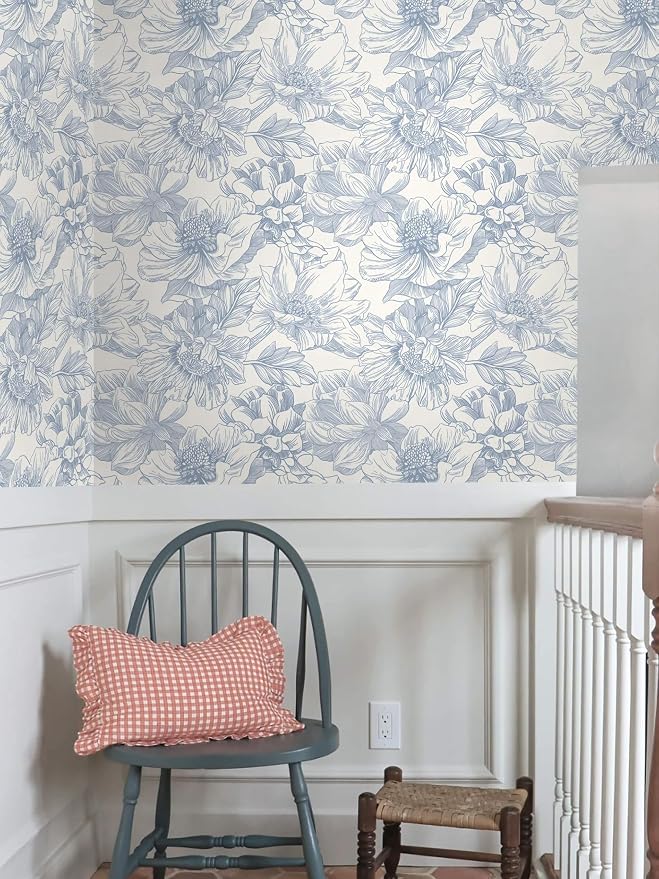 Ismoon Vintage Floral Wallpaper Peel and Stick Beige and Blue Contact Paper - Image 7