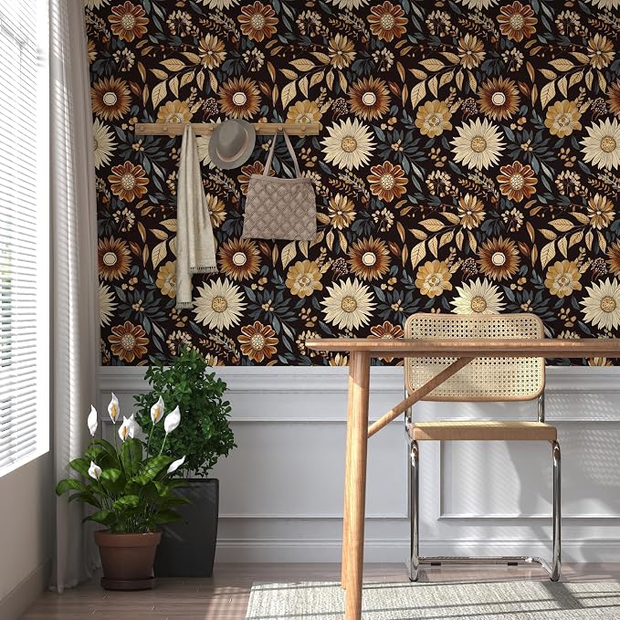 Extra Long Vintage Wallpaper Peel and Stick, 17.5" x 393" Boho Dark Floral - Image 6