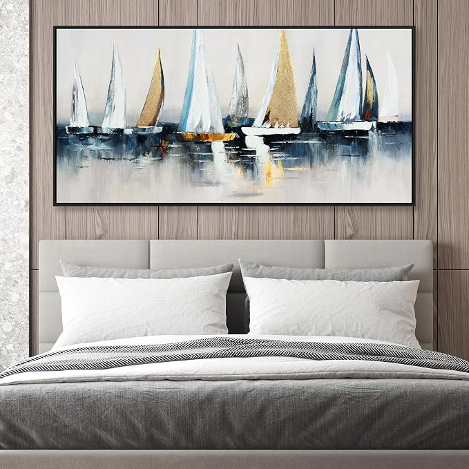 Abstract Wall Art Blue and White Sailboat Wall Paintings Framed Artwork - Image 4