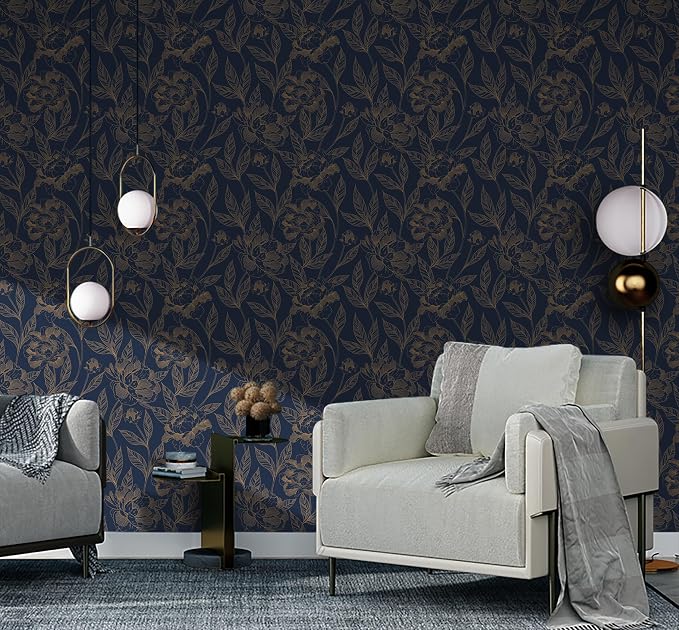 Timeet Peel and Stick Wallpaper Gold and Blue Floral Wall Paper - Image 6