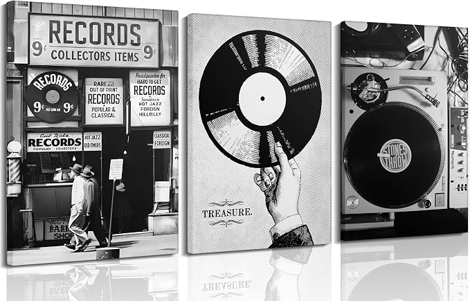 Vintage Music Canvas Wall Art Fashion Black And White Photography Preppy Vinyl by Yanertds