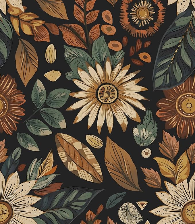 Boho Wallpaper Peel and Stick, Vintage Black Brown/Green Floral Contact Paper by Laatse