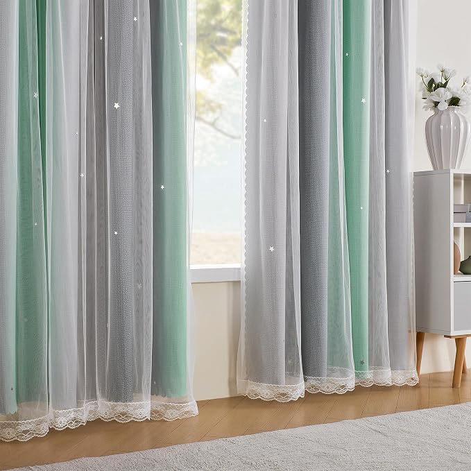 XiDi Curtains for Bedroom Decor, Rainbow Green LightgreyGrey52/90/1 - Image 4