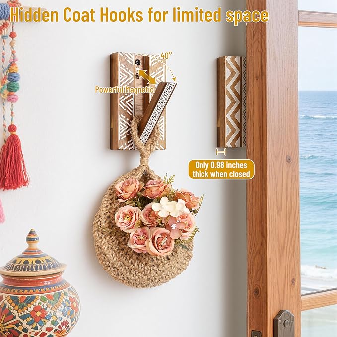 Boho Foldable Wall Hooks: Decorative Wooden Coat Hooks 2Pack Mounted - Image 5