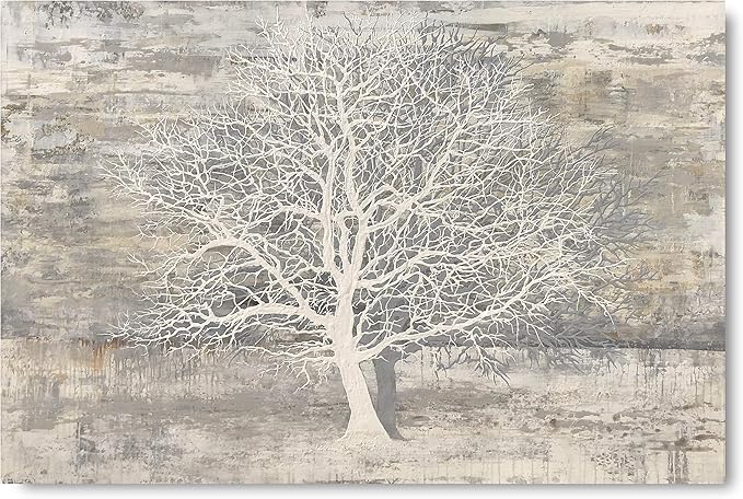 Yihui Arts Tree Of Life Canvas Wall Art Hand Painted Grey White Beige Paintings - Image 2
