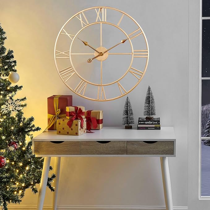 CLXEAST Champagne Gold Metal Wall Clock, Large Roman Numeral 24 Inch Wall Clocks - Image 6