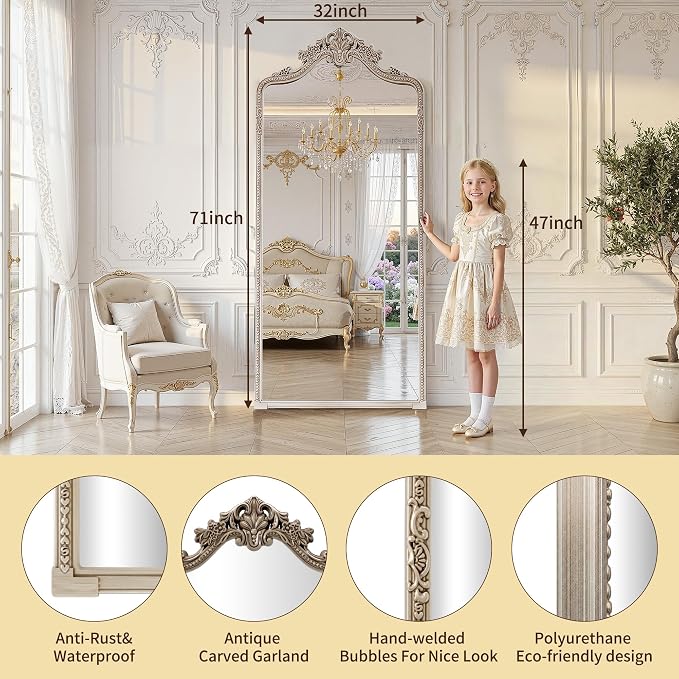 Wall Mount Arched Full Length Mirror, Baroque Antique Vintage Long Mirrors - Image 7