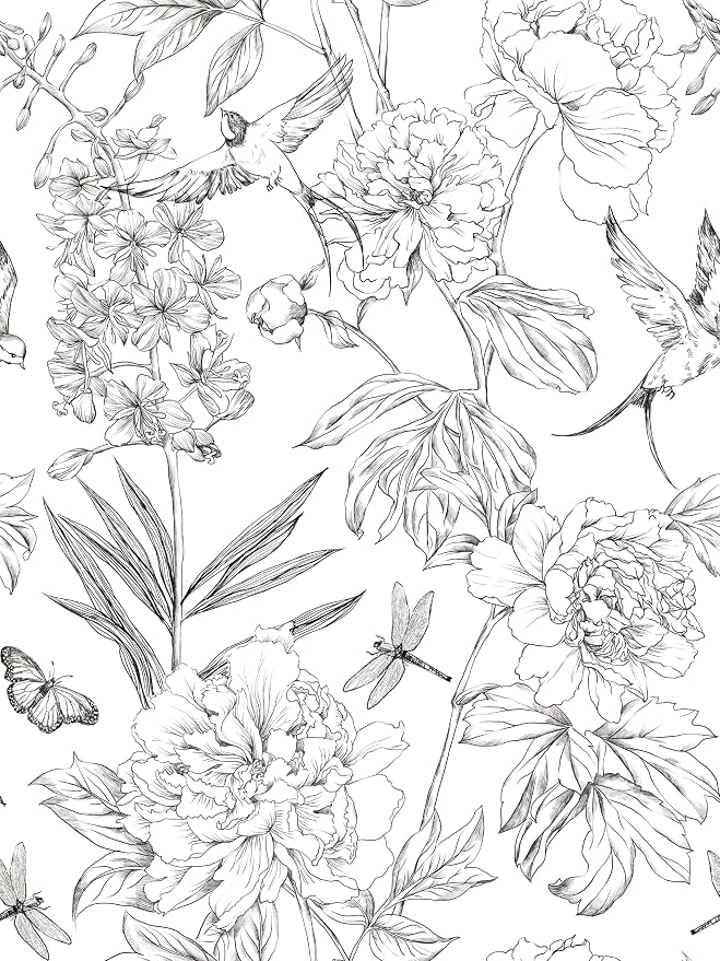 Jiffdiff White and Black Wallpaper Peel and Stick Sketched Peony Floral - Image 5