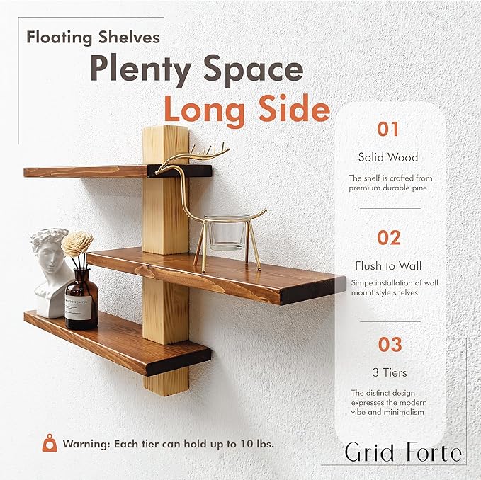 GRID FORTE Wood 3 Tier Floating Shelf, Large Minimalist Wall Shelves, Mid - Image 5