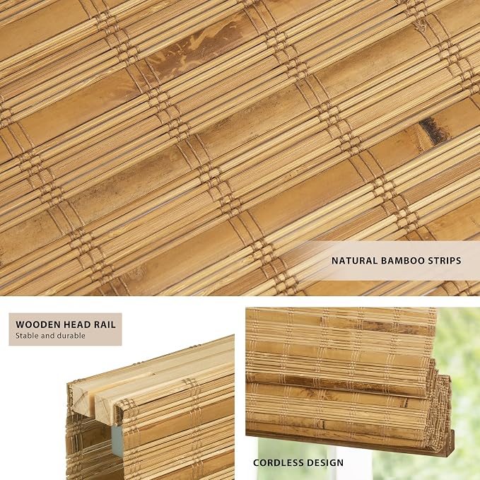 LazBlinds No Tools No Drill Cordless Bamboo Roman Shades, Custom Light - Image 2