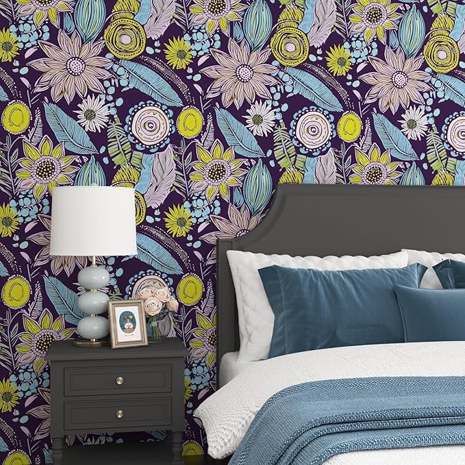 Purple Boho Wallpaper Peel and Stick, Vintage Yellow Floral Contact Paper - Image 2