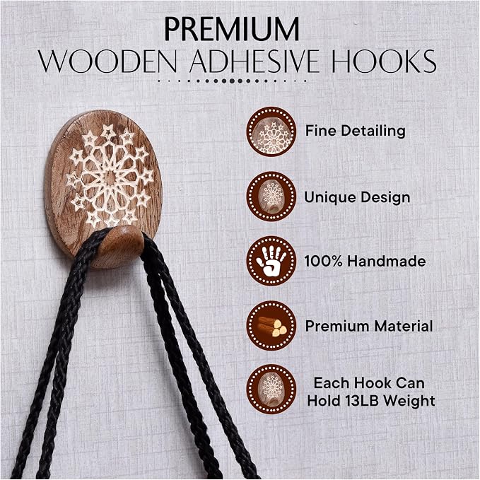 IndianShelf 6 Lb- 24 Pieces Decorative Wood Adhesive Wall Hooks–Boho Peel and - Image 4