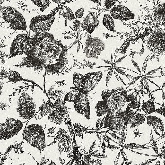 JiffDiff Floral Vintage Wallpaper Peel and Stick Wall Stick Black Rose by wallpaper