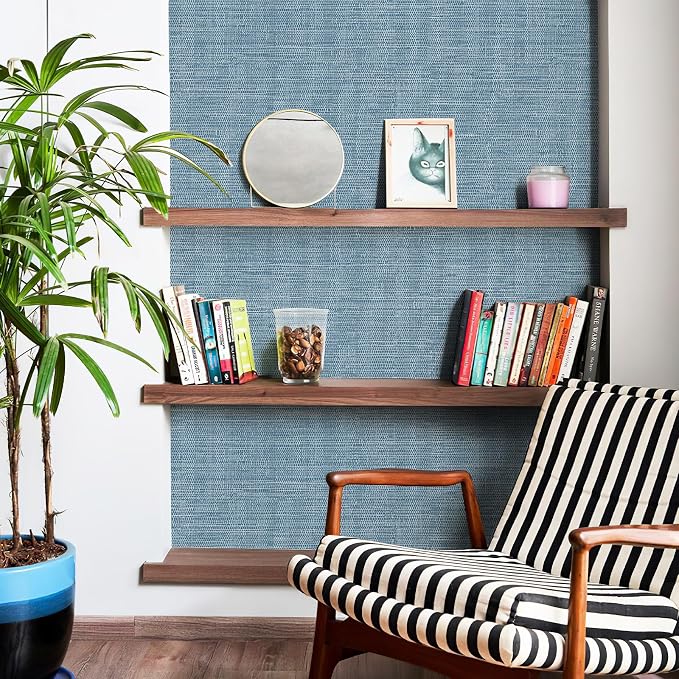 JiffDiff Grasscloth Wallpaper Peel and Stick Blue Grassweave Stick on Wallpaper - Image 7