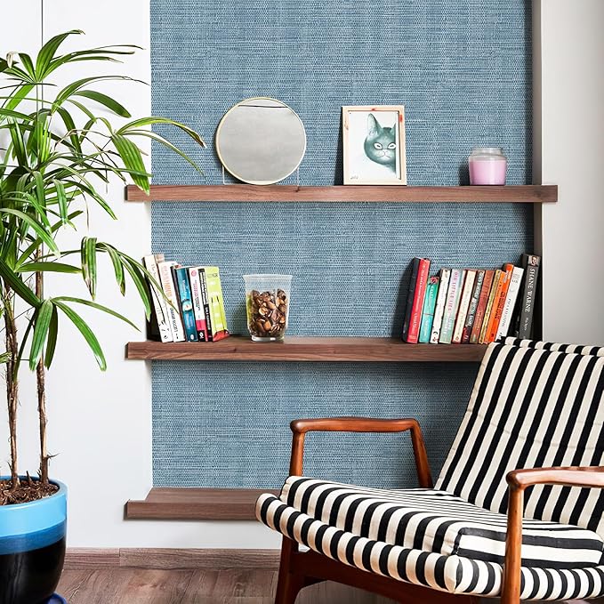 JiffDiff Grasscloth Wallpaper Peel and Stick Blue Grassweave Stick on Wallpaper - Image 6