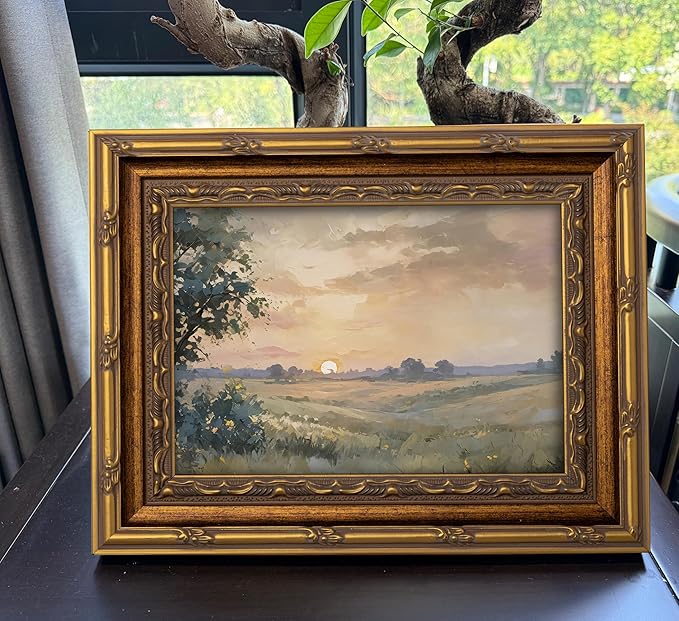 Vintage Gold Framed Wall Art Retro Fall Sunset Country Oil Painting Canvas - Image 2