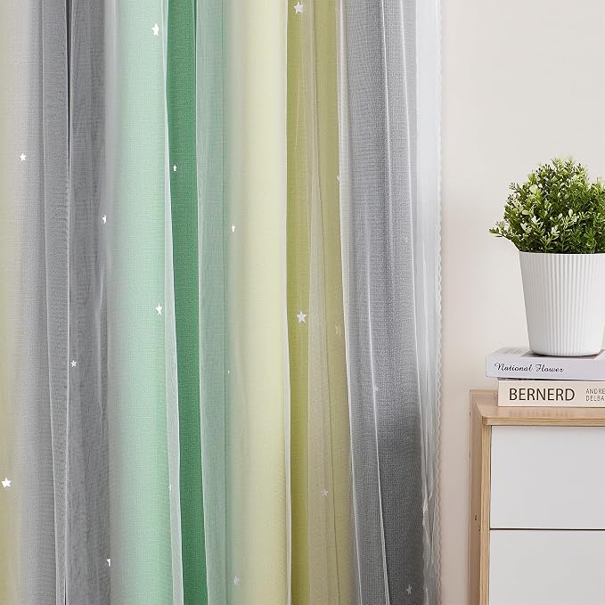XiDi Curtains for Bedroom Decor, Rainbow GreenYellowGrey34/96/1 - Image 3