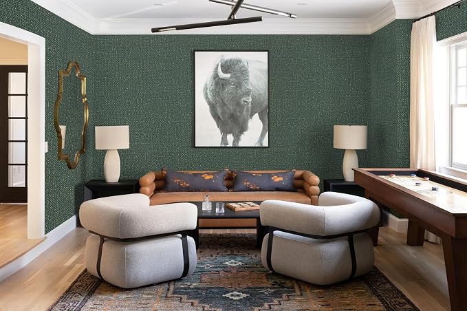 Guvana Grasscloth Peel and Stick Wallpaper Green/Gold Textured Contact Paper - Image 3