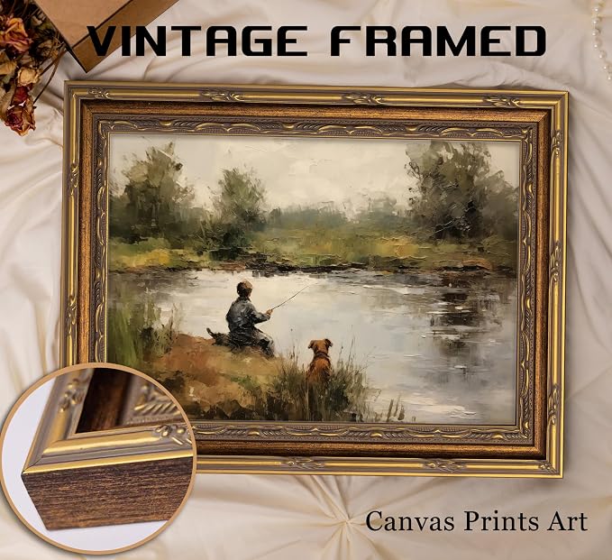 Vintage Gold Framed Wall Art Boy Fishing Country Oil Painting Canvas Prints - Image 3