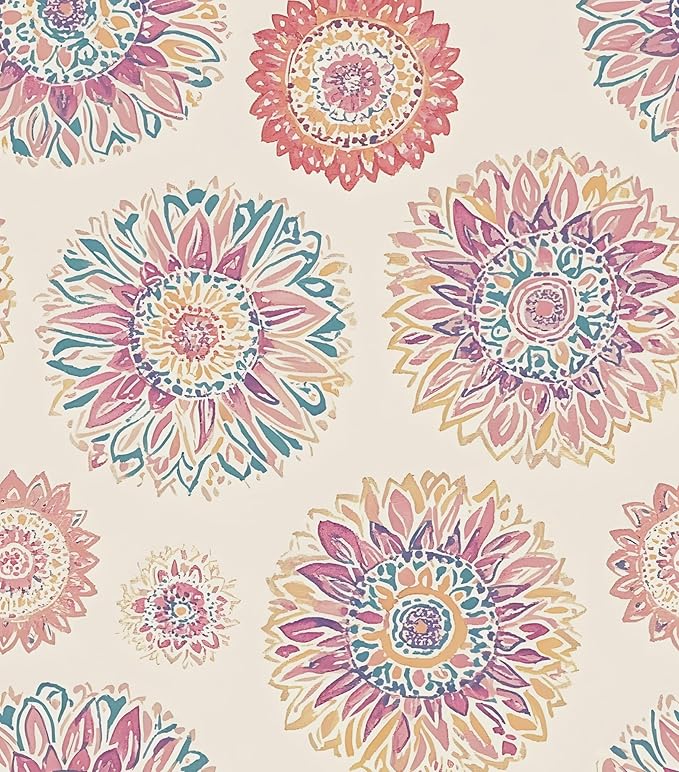 Beige Boho Wallpaper Peel and Stick, Vintage Circle Floral Contact Paper 17.5" by Laatse