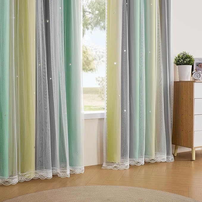 XiDi Curtains for Bedroom Decor, Rainbow GreenYellowGrey34/96/1 - Image 4