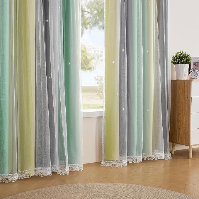 XiDi Curtains for Bedroom Decor, Rainbow GreenYellowGrey52/54/1 - Image 4