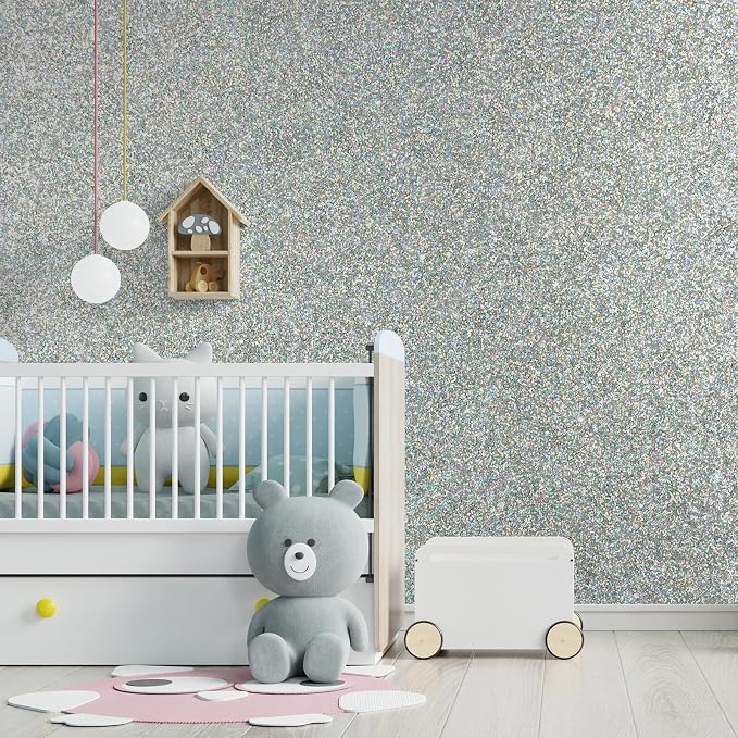 CHIHUT Peel and Stick Silver Holographic Glitter Wallpaper - Image 3