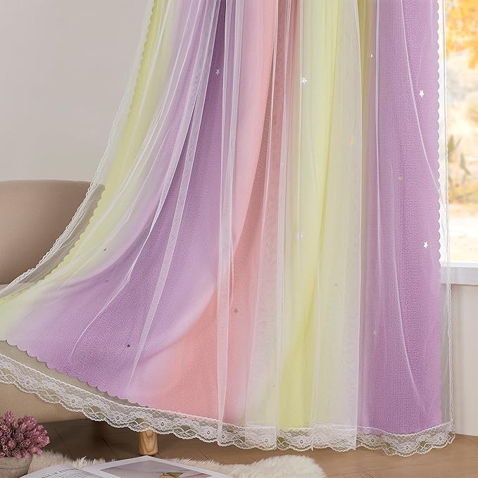 XiDi Pink Curtains for Bedroom Decor Blackout Curtains for Girl Room Rainbow - Image 4