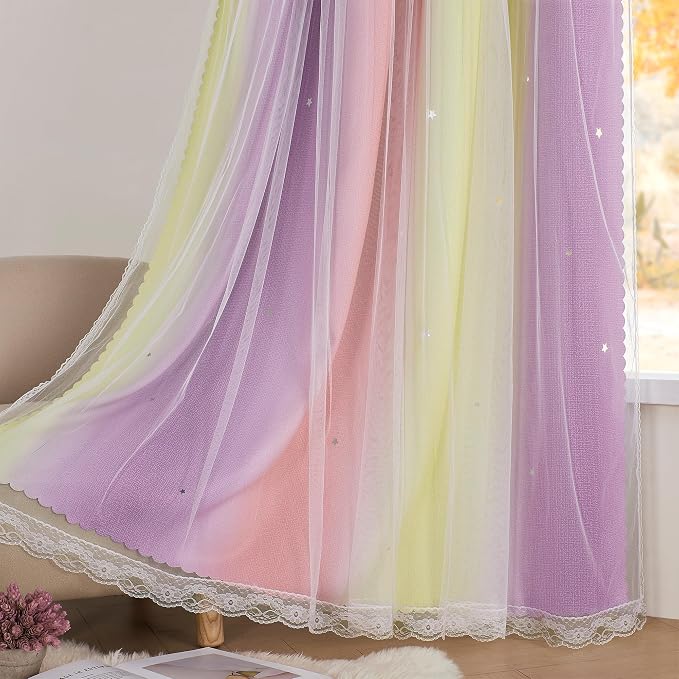 XiDi Curtains for Bedroom Decor, Rainbow Pink PurpleYellow52/45/1 - Image 4