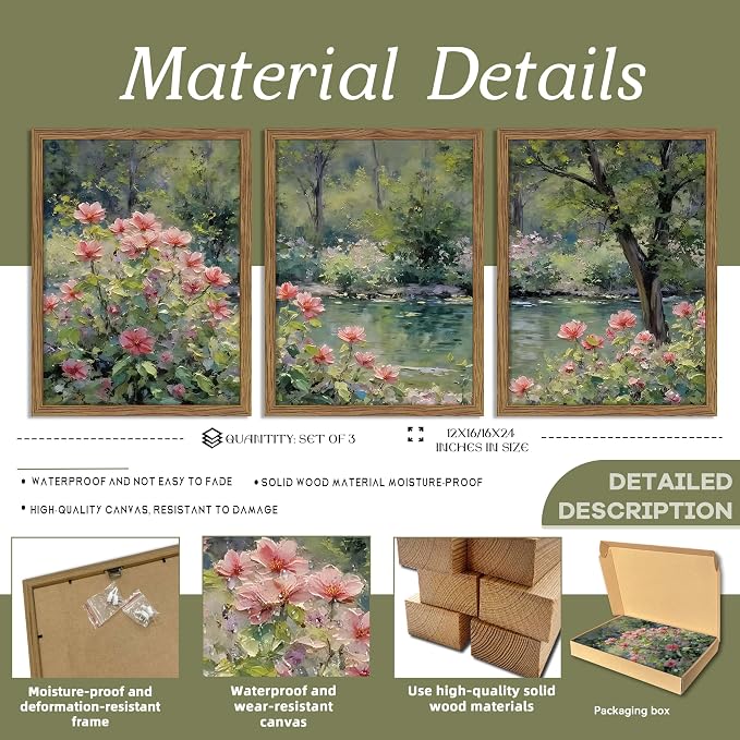 Framed Monet Wall Art Set of 3, Impressionist Botanical Floral Canvas Wall Decor - Image 4