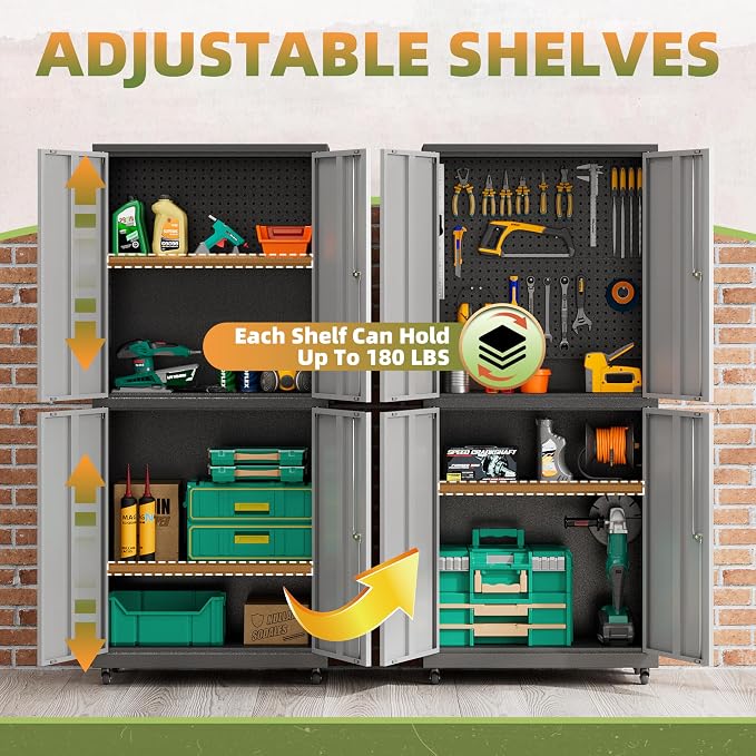 Garage Storage Cabinet with Wheels, Lockable Metal Storage Cabinet - Image 4