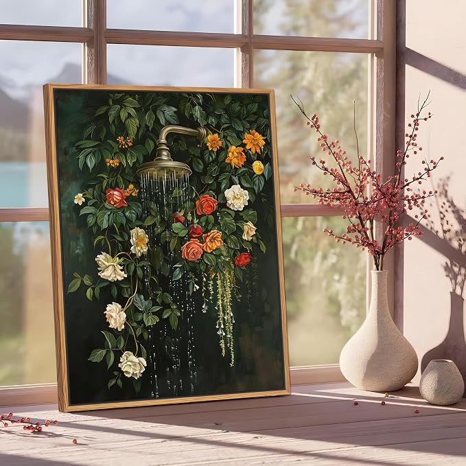 Floating Framed Floral Shower Wall Art, Vintage Botanical Flower Canvas Print - Image 6