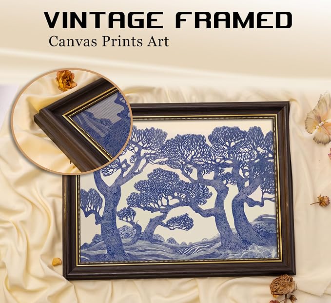 Vintage Gold Framed Wall Art Oak Tree Forest Painting Canvas Prints Blue - Image 3