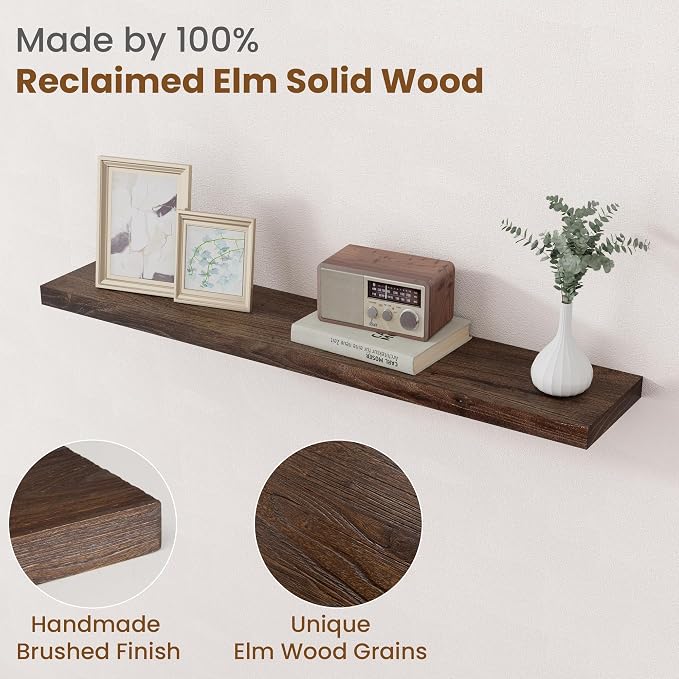 Floating Shelves for Wall Decor, 8 Inch Deep Rustic Solid Elm Wood Floating - Image 3