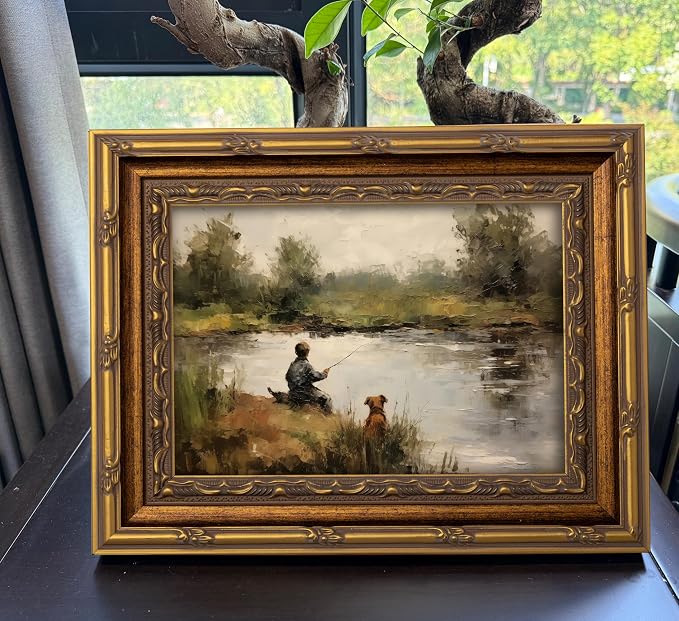 Vintage Gold Framed Wall Art Boy Fishing Country Oil Painting Canvas Prints - Image 2