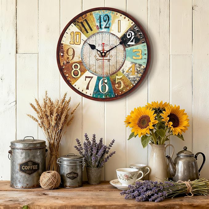VIKMARI 14 Inch Wooden Wall Clock Battery Operated Retro Rustic Decorative Clock - Image 7