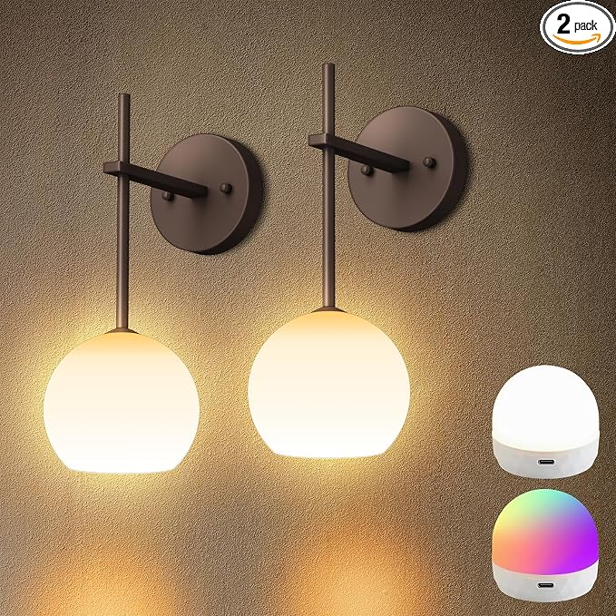 Brown Battery Operated Wall Sconces Set of 2, Rechargeable Wireless Wall Lights by KeepShinning