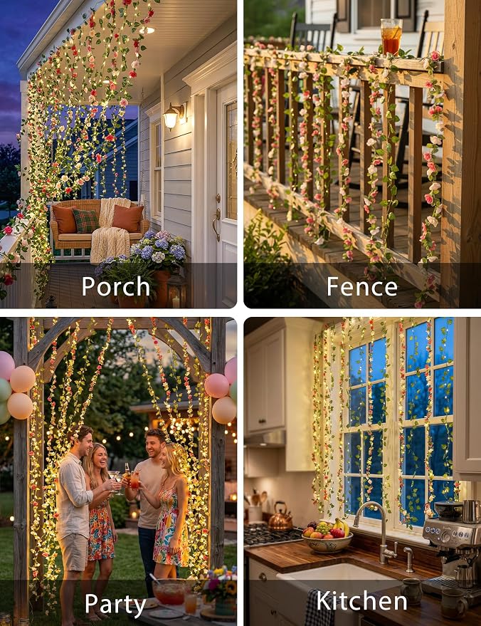 suddus 300 LED Artificial Flower Garland Pothos Vines Curtain Lights, Rose - Image 3